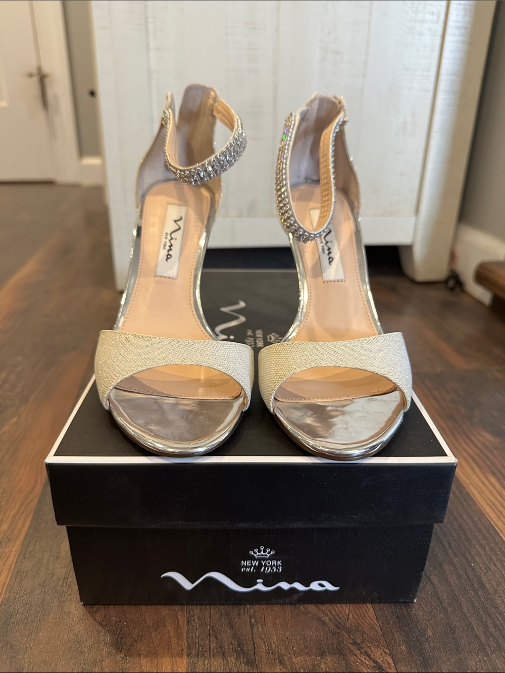 Nina Metallic Gold Open-Toe Ankle-Strap Heels with Rhinestones